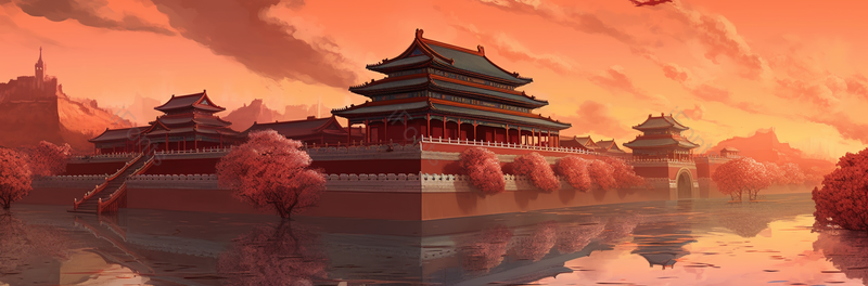 红色渐变大气国潮风插画被水包围的故宫建筑,插画/手绘图,插画/手绘图库,插画/手绘图下载,插画/手绘